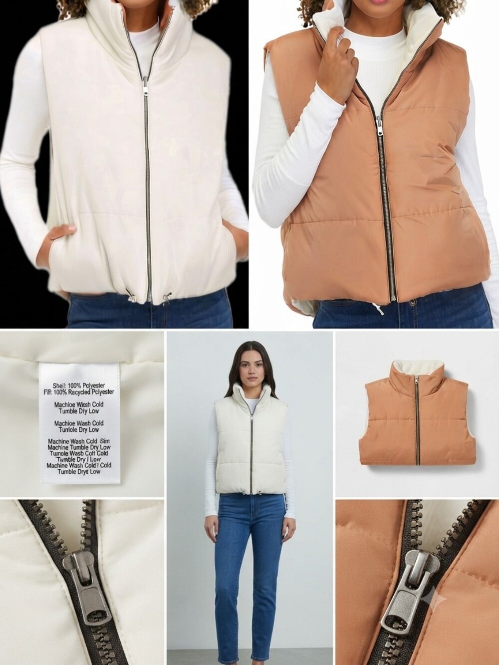 NEW Vine & Valley Reversable Puffer Vest  Pockets Zipper M Tan Cream